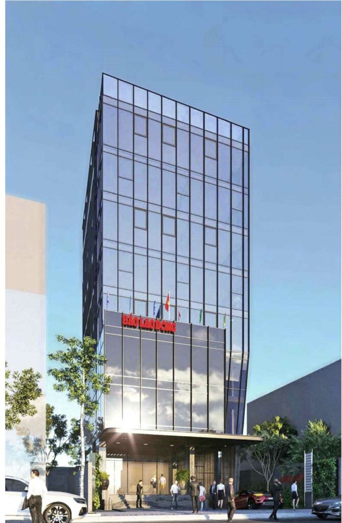 Bao Lao Dong Building office tower with modern glass facade and street-level entrance in Da Nang