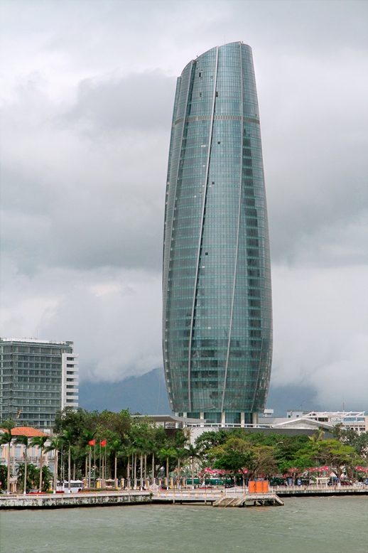 Aerial view of Da Nang city center with Han River and surrounding office buildings near Bao Lao Dong Building