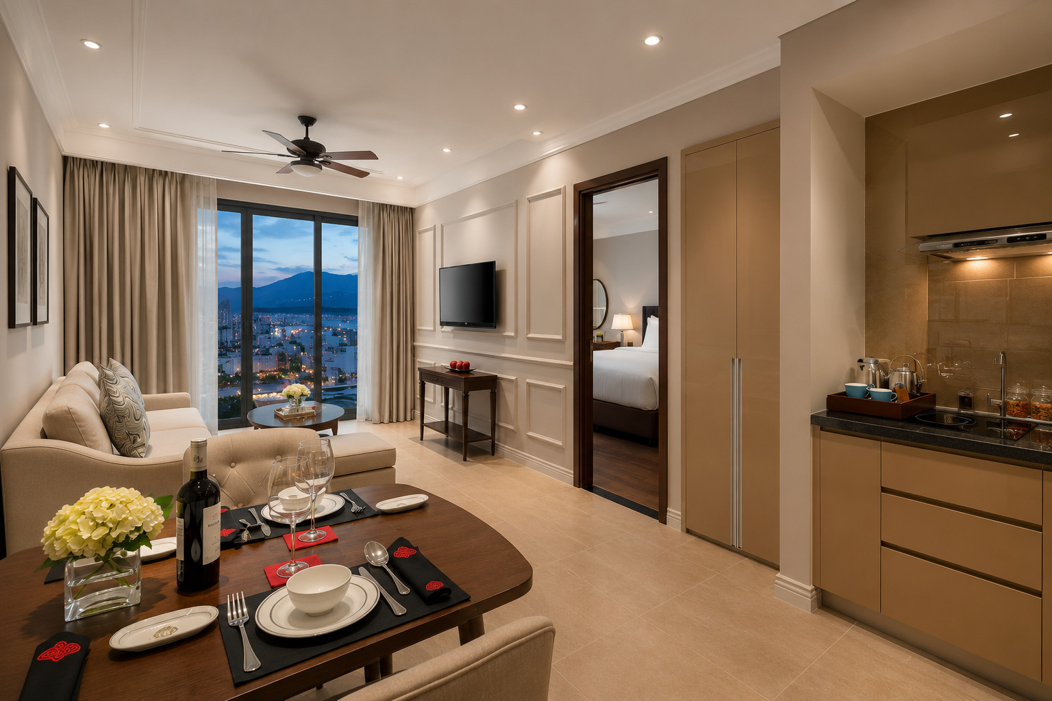 Living room in an Altara Suites Da Nang apartment with hotel-grade furnishings