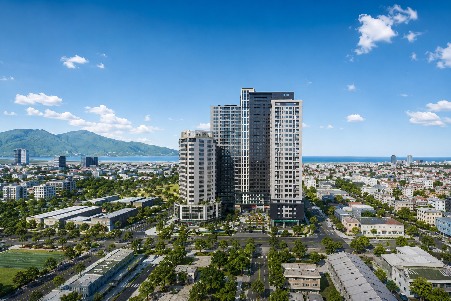 Monarchy Da Nang residential towers viewed from the riverside