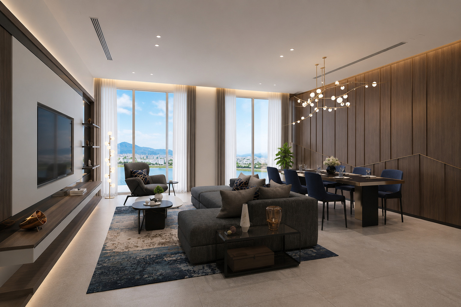 Living room in a Sam Towers Da Nang apartment with river-facing windows