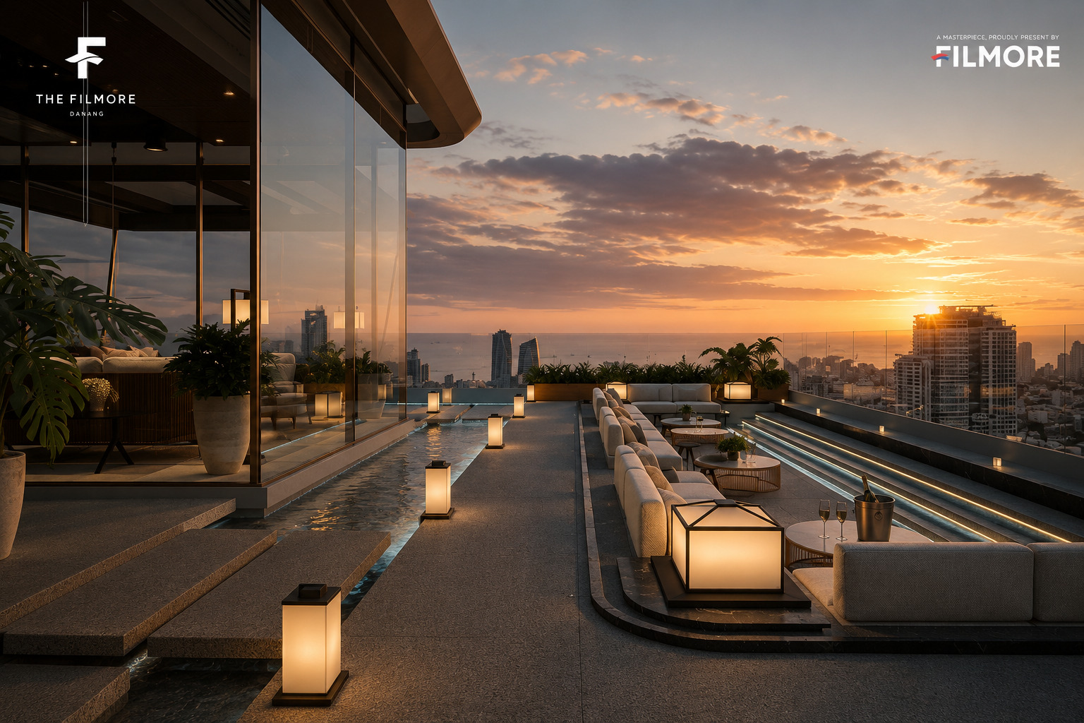 Sun deck beside the rooftop infinity pool at The Filmore Da Nang